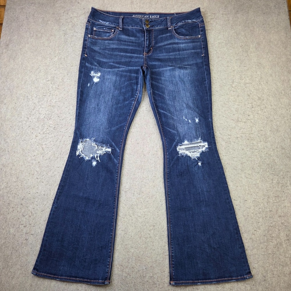 American Eagle Artist Flare Jeans Women Size 16 Reg Blue Super Stretch Distress